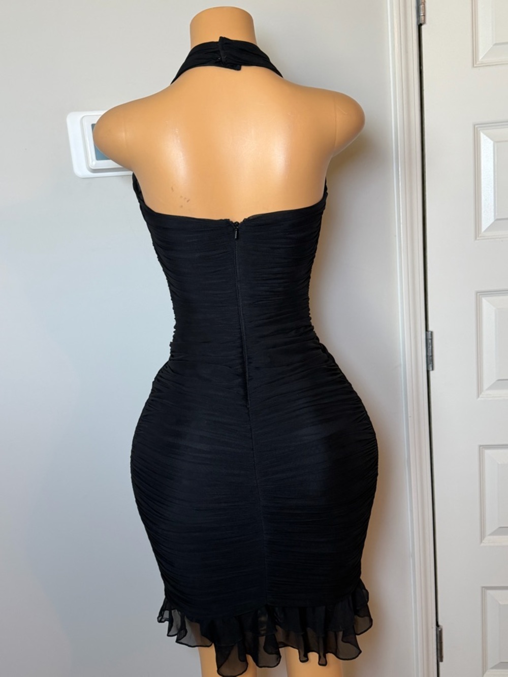 Cache Black Halter Ruched Mini Dress with Ruffle Hem - Picture 4 of 5